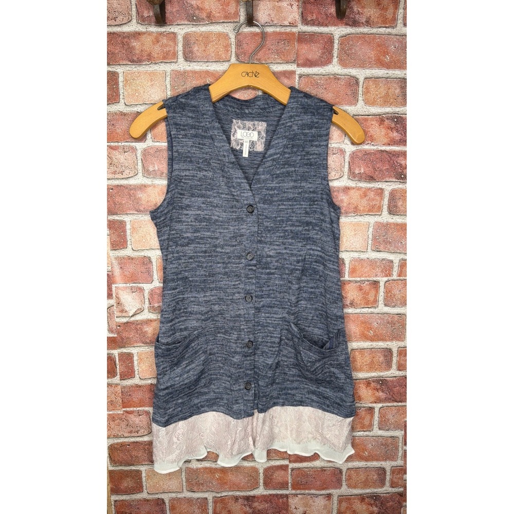 LOGO Lori Goldstein Blue Space Dye Knit Vest Lace Trim Pockets XXS